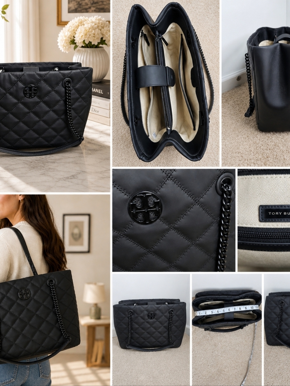Tory Burch Black Quilted Tote Bag Purse - Picture 2 of 9